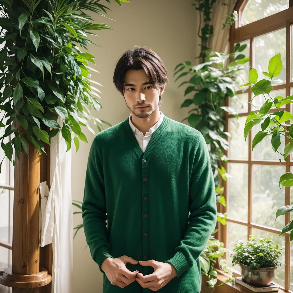 A passionate and idealistic man, dressed in green clothing, representing the INFJ (Advocate) MBTI personality type. He is depicted with a sincere and caring expression, holding his girlfriend's hand with a deep sense of commitment. They are in an inspiring and serene environment, such as a tranquil park or a cozy, thoughtfully decorated room, highlighting his idealism and loyalty. The colors should be vibrant, with the green of his attire emphasizing his personality type.