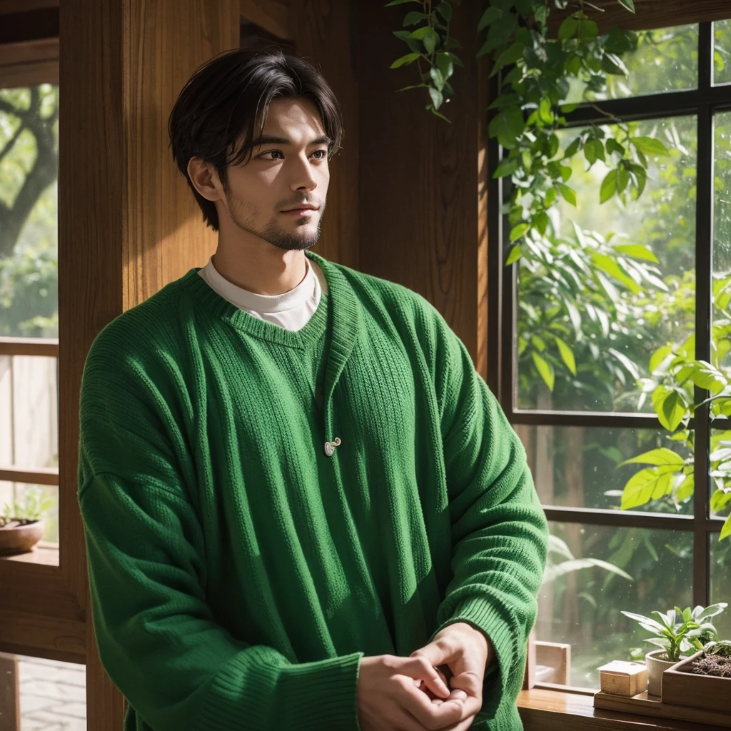 A passionate and idealistic man, dressed in green clothing, representing the INFJ (Advocate) MBTI personality type. He is depicted with a sincere and caring expression, holding his girlfriend's hand with a deep sense of commitment. They are in an inspiring and serene environment, such as a tranquil park or a cozy, thoughtfully decorated room, highlighting his idealism and loyalty. The colors should be vibrant, with the green of his attire emphasizing his personality type.