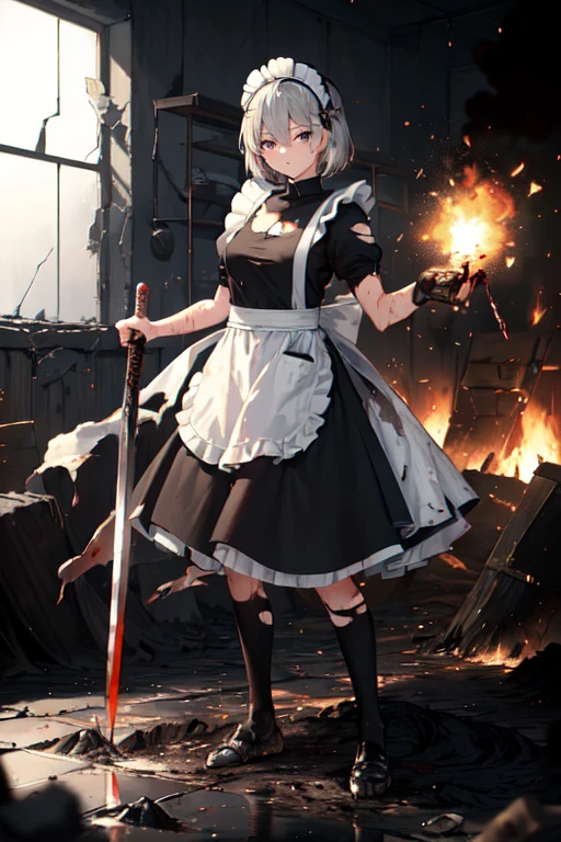((Highest quality:1.6)), ((Ultra-high resolution:1.6)), ((masterpiece)), (detailed:1.4), (detailedな顔), girl, cute, strong, Serious, Small breasts, Silver Hair, Fighting with a large sword, (black and white maid outfit, Black Dress, Headband, Long, Classic, Short sleeve), scratch, Blood, ((Apron is torn:1.4)), ((衣服に剣で斬れたscratch:1.6)), Fighting with a giant sword, (剣の斬撃によるscratch:1.6, Hit:1.6), Combat Ready, (Damage to waist apron:1.6), Big crisis, being cornered, 燃えているbattlefield, battlefield, explosion, Flaming, war, (Severe dirt all over the body, Covered in mud, Covered in charcoal:1.6), (Shabby maid:1.6), Holding a two-handed sword, Pointing the blade at the enemy, Tsuba competition, Suppress the enemy,