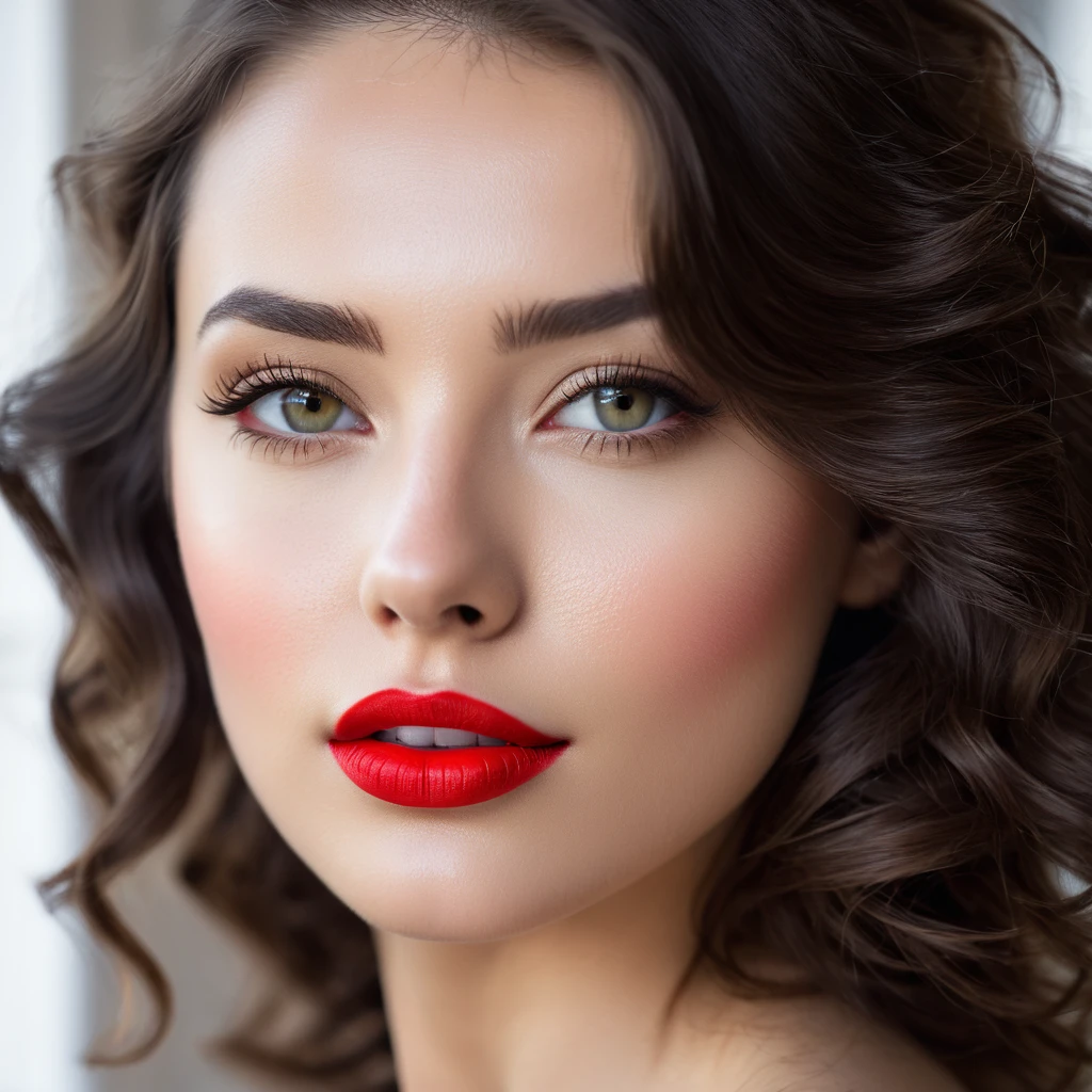 Photographic portrait of a beautiful young model, in direct frontal view, with head slightly tilted to the right, her face is raised, sleepy eyes, lips open and prominent, with a bright red lipstick color, very white and perfect teeth, smooth white skin texture and delicate, dark and wavy hair falling over the left side of the face, Camera R6 50mm lens, wide aperture f/1.4, obtaining a blurred background and keeping the focus on the model, beautifully backlit face with attractive red lips, well-defined shadow in the background and soft light coming from the right, of a window with shutters, which creates diagonal shadows on the face, providing contrast and depth, soft color palette, but highlighting the vibrant color of red lipstick, sharp focus, photo-realistic, best quality, masterpiece, hdr, 8k