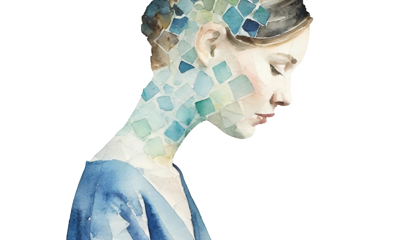 Watercolor, blurred portrait, profile, 100,000 broken pieces of glass