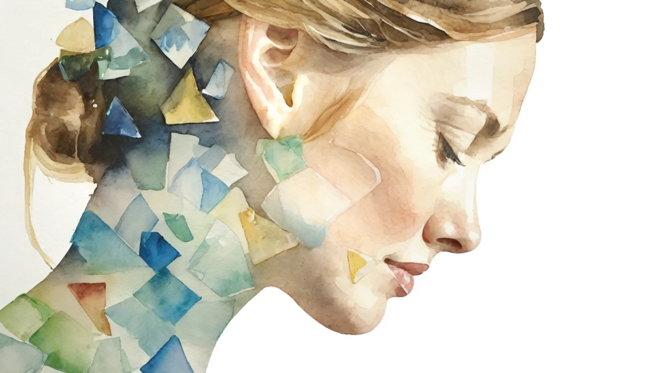 Watercolor, blurred portrait, profile, 100,000 broken pieces of glass