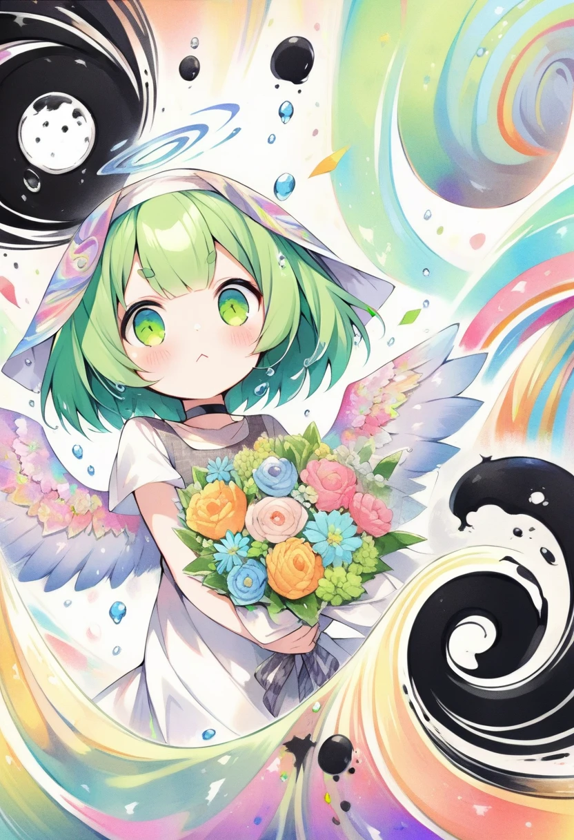 (loli:1.4),(little female child:1.4), cute face, 6 years old,kawaii, (highlight on eyes:1.1), small breast, (jiggly:0.8), shiny skin,(mini girl:1.5),
BREAK 
(green maro eyebrows:1.2), :<, (jitome:1.1),pouty and slightly grumpy,(medium green hair:1.3),pout,disgusted eyes, green eyes, puffy eyes,
BREAK
breathtalking Scenery, breathtalking Beauty, breathtalking Cute,scenery, (best quality, masterpiece:1.2), (ultra high quality:1.2),smooth soft skin, natural skin,watercolor,
BREAK
marbled patterns nun dress, (marbling botanical pattern veil),(marbling angel wings:1.2),marbling (angel halo:1.2),blush,choker,nun,excessive detailed collarbone,
BREAK 
(marbling:1.5), (marbled patterns:1.3),(swirling colors:1.2), abstract art, ink on water, floating water drops,water effect, (ink:1.1),  zentangle,fractal,entangle,swirl,floral pattern,
BREAK
flower bouquet, (digits behind bouquet:1.3), (hands behind bouquet:1.3),
(holding bouquet:1.1), celebration, Congratulations,confetti, bloom effect,dynamicangle,pastelcolor,upturned eyes,