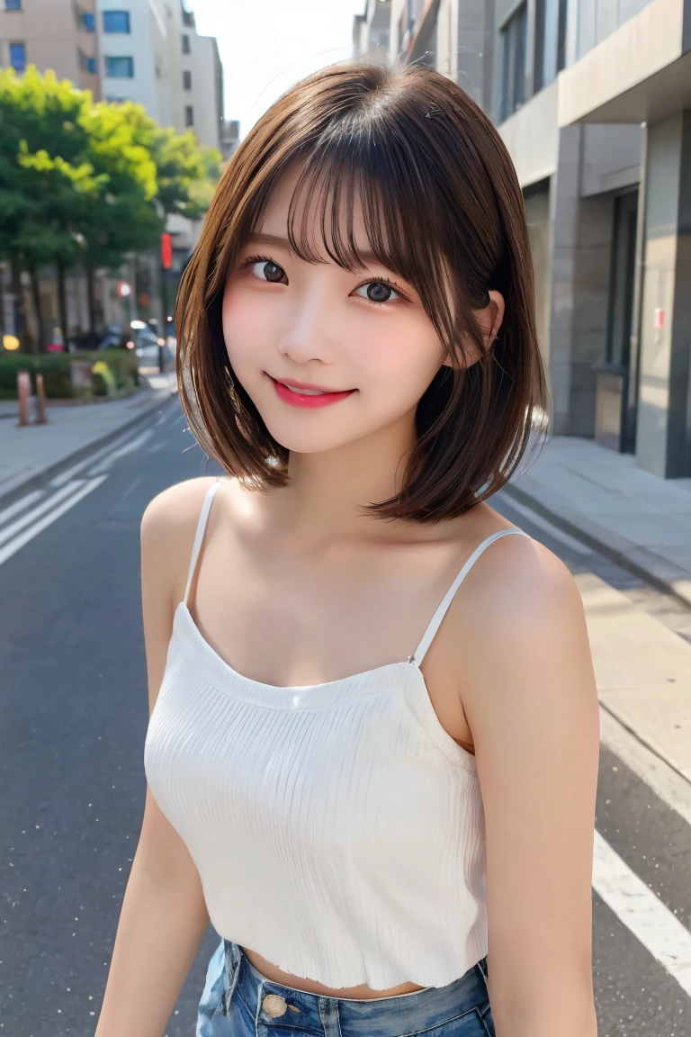 Highest quality, (beautiful)、Super delicate eyes、Brown eyes、22-year-old female、Brown Hair、looking at the camera、Semi-short hair、camisole、Soft Breasts、smile、Shorts、Gal、Street Corner、Natural Lip