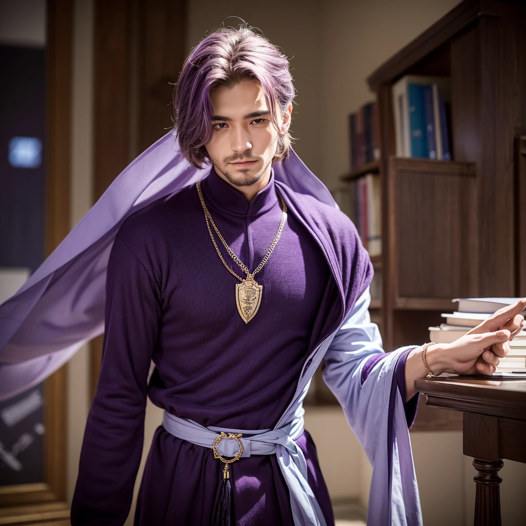 A thoughtful and dedicated man, dressed in purple clothing, representing the INTJ (Architect) MBTI personality type. He is depicted with a focused and caring expression, holding his girlfriend's hand with a sense of deep commitment. They are in a serene and intellectually stimulating environment, such as a cozy library or a peaceful study, highlighting his strategic thinking and loyalty. The colors should be vivid, with the purple of his attire emphasizing his personality type.