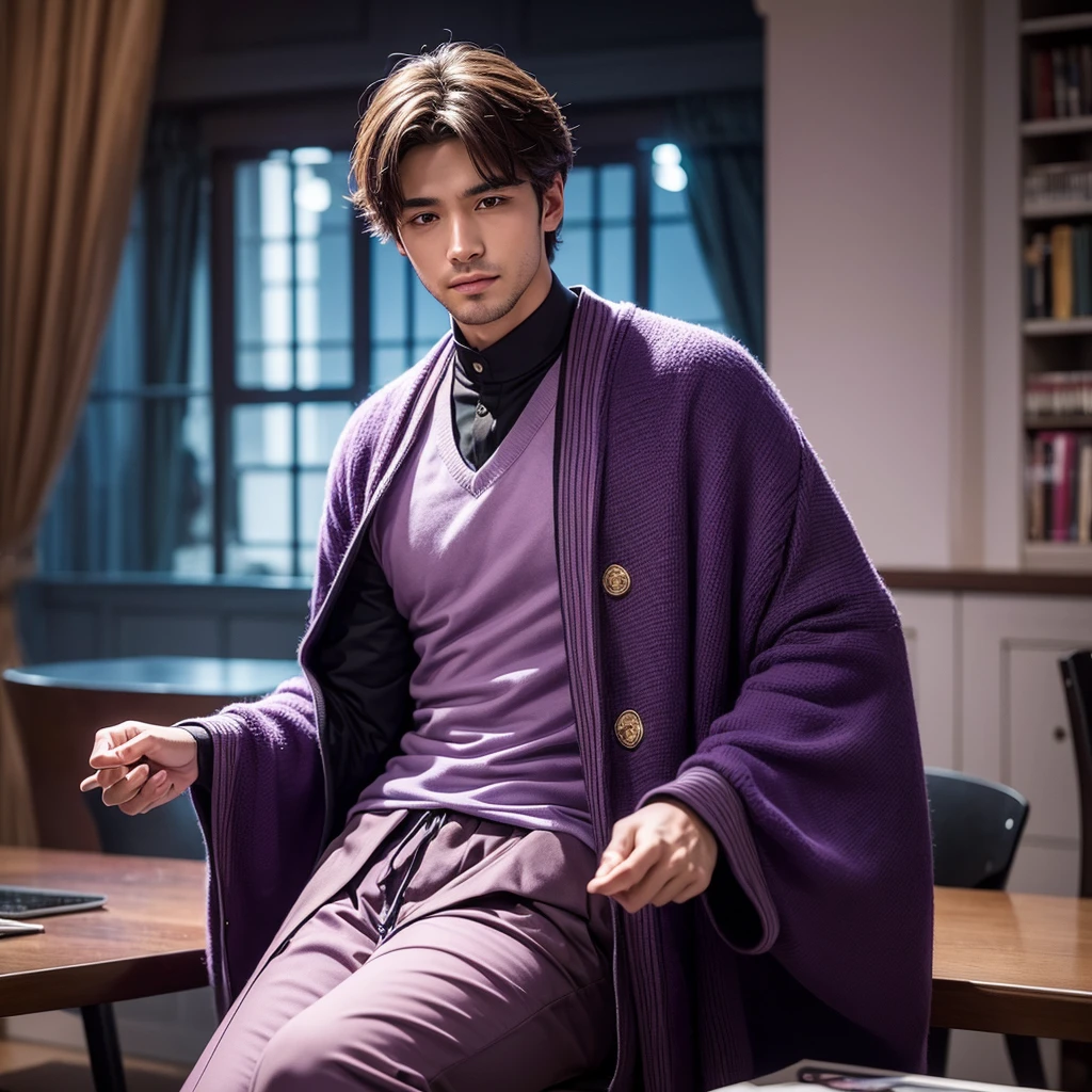 A thoughtful and dedicated man, dressed in purple clothing, representing the INTJ (Architect) MBTI personality type. He is depicted with a focused and caring expression, holding his girlfriend's hand with a sense of deep commitment. They are in a serene and intellectually stimulating environment, such as a cozy library or a peaceful study, highlighting his strategic thinking and loyalty. The colors should be vivid, with the purple of his attire emphasizing his personality type.