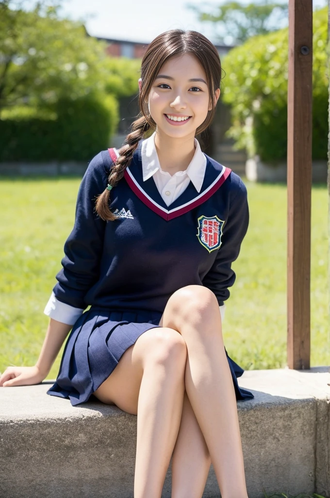 Pure Japanese school girl, outstanding body, beautiful legs, wearing uniform, natural hairstyles, sweet smile, sexual attractive, sitting, refreshing in early summer,