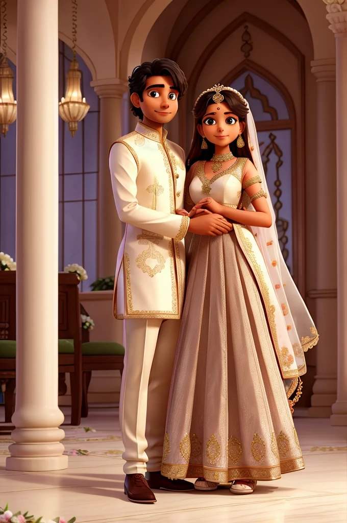 An indian man and woman hugging during thier wedding in a restaurant full of flowers. The woman wears a peach dress with silver rhinestones and the man wears a grand but traditional indian wedding clothing. on the floor there are 3 cats: one brown and white, one grey, and one black. The man and woman are surrounded by beautiful architecture and flowers.