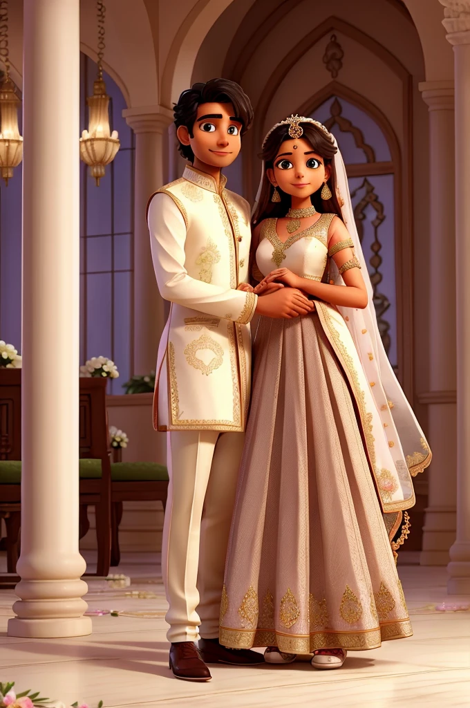 An indian man and woman hugging during thier wedding in a restaurant full of flowers. The woman wears a peach dress with silver rhinestones and the man wears a grand but traditional indian wedding clothing. on the floor there are 3 cats: one brown and white, one grey, and one black. The man and woman are surrounded by beautiful architecture and flowers.