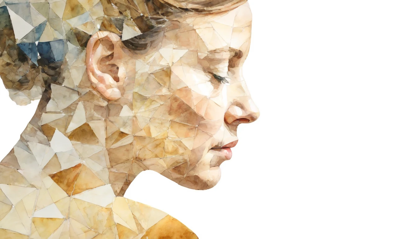 A portrait reflected by 100,000 mirror fragments, profile, Watercolor