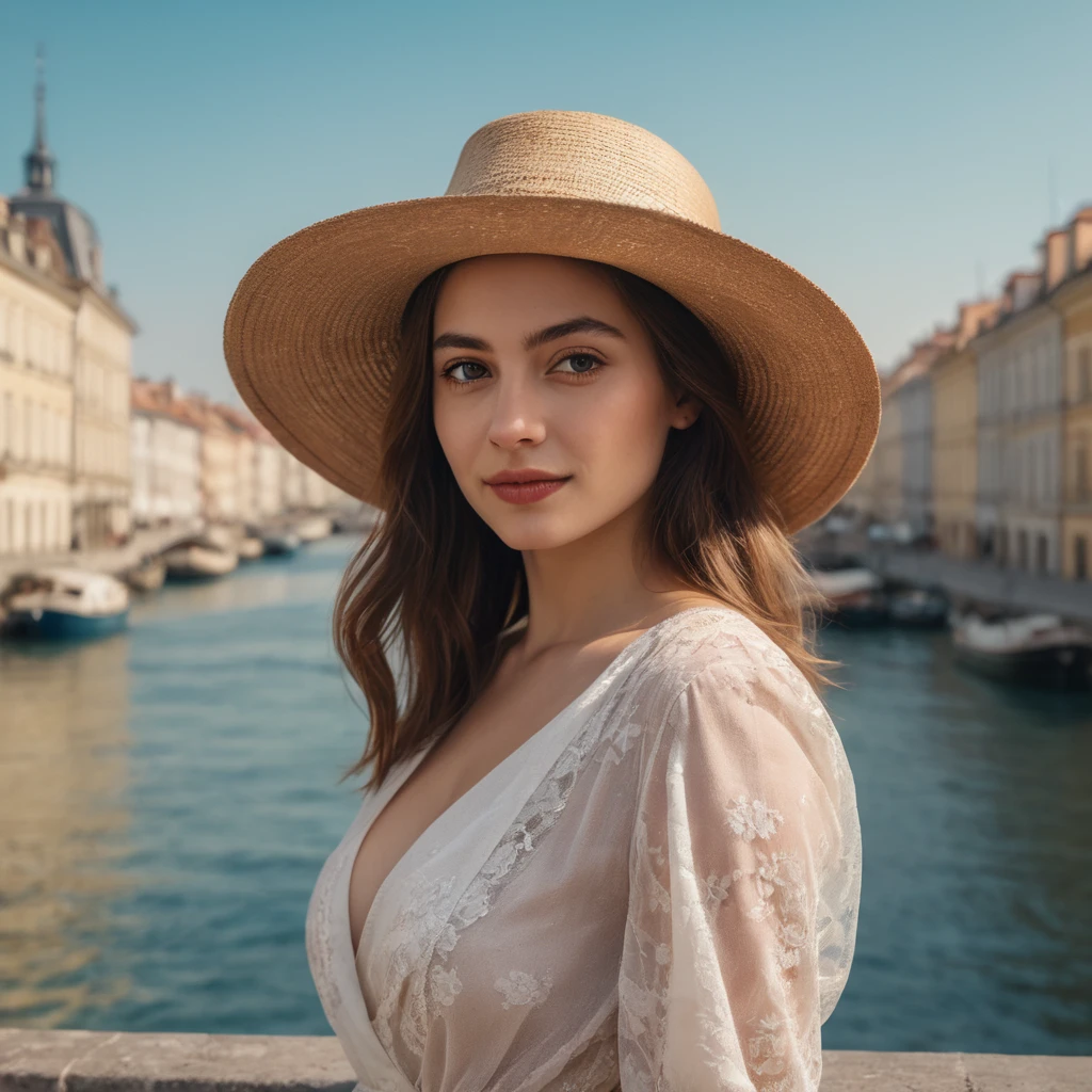 femme arafée dans un chapeau debout dans une pièce avec beaucoup de photos, portrait doux 8 k, Sergueï Zabeline, photographie couleur portrait 4k, par Fiodor Rokotov, Photographie de portrait artistique 8k, Alexeï Egorov, par Irakli Nadar, Superbe portrait, fille française, portrait VFX très détaillé, beau portrait