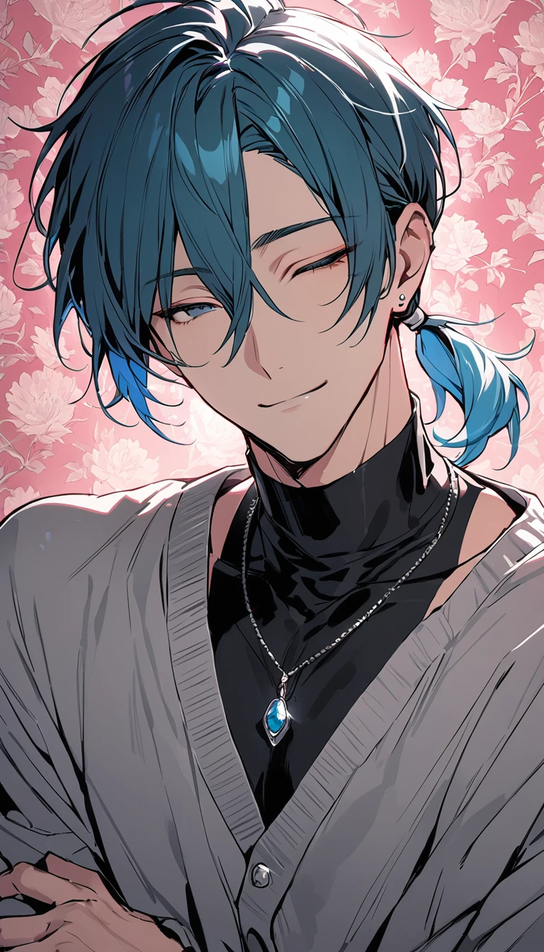 ((((best masterpiece, best quality, wallpaper,)))) solo, guy, male body, small muscles, flat chest, 1male, 30 years old, handsome man, upper body, looking at viewers, beautiful detailed, seductive smile, mediumturquoise hair, ((((Lower short ponytail)))), asymmetrical bangs, ((short hair,)) (((light smile, closed eyes, tareme, droopy eyes,))) (((perfect face,))) perfect hands, sharp nose, clear face, black turtleneck, grey cardigan, ((silver piercing, pendant,)) leggings, pink background color ultrasharp, 8K, masterpiece,