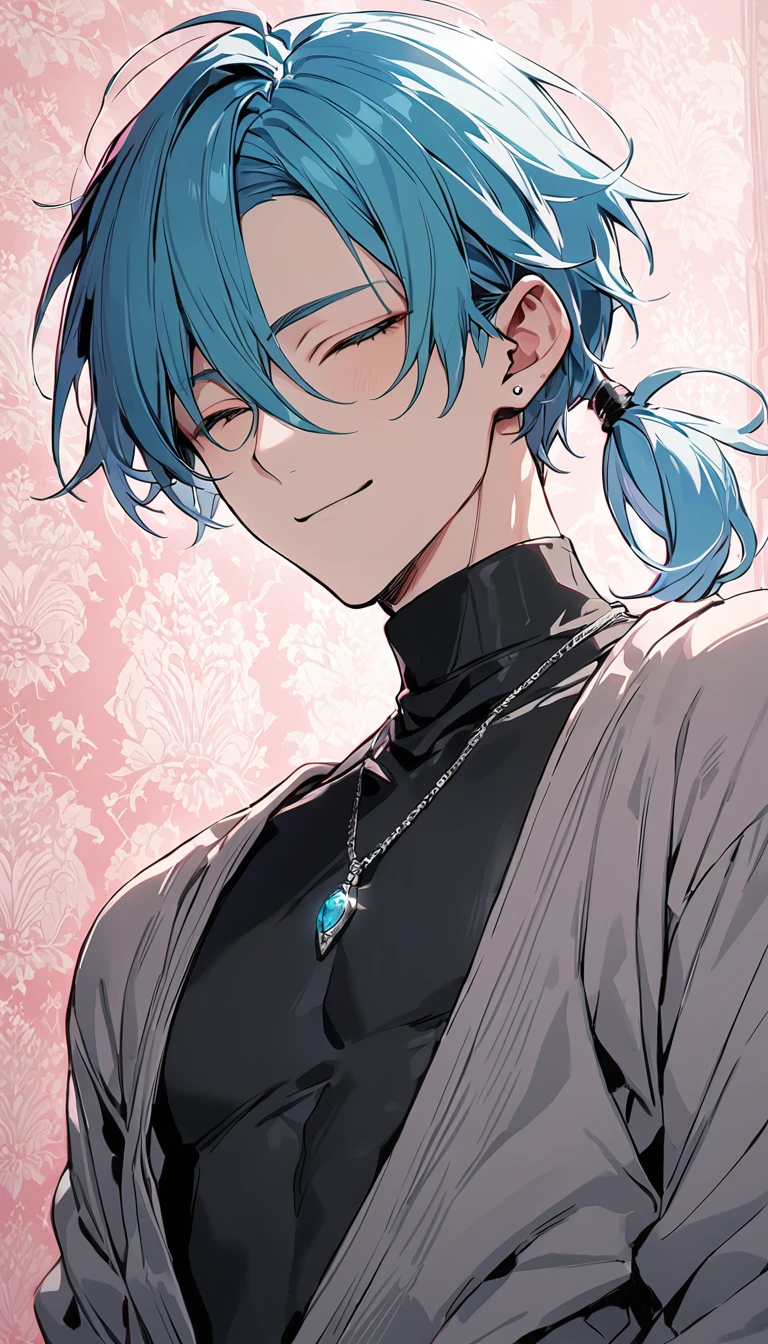 ((((best masterpiece, best quality, wallpaper,)))) solo, guy, male body, small muscles, flat chest, 1male, 30 years old, handsome man, upper body, looking at viewers, beautiful detailed, seductive smile, mediumturquoise hair, ((((Lower short ponytail)))), asymmetrical bangs, ((short hair,)) (((light smile, closed eyes, tareme, droopy eyes,))) (((perfect face,))) perfect hands, sharp nose, clear face, black turtleneck, grey cardigan, ((silver piercing, pendant,)) leggings, pink background color ultrasharp, 8K, masterpiece,