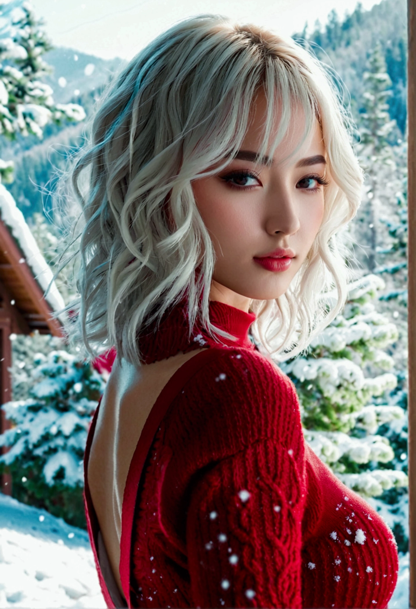 (8K, RAW photo, highest quality, masterpiece:1.2), (realistic, Photoreal:1.37), super detailed, High resolution,, beautiful and detailed face, (slim waist) :1.3), , Beautiful and smooth skin, skin texture, floating hair, professional lighting, human body as a whole, Photographed inside a villa on a snowy mountain、(((32ｋ))),(((high detail))),（((Background inside the villa in the snowy mountains)))、(((realistic)))、(((Berry shorts and beautiful bare legs)))、(((beautiful)))、(((blonde curly hair：１．４)))、(((red sweater)))、(((small details))) 、(((big breasts)))、attention to detail,realistic atmosphere,beautiful dark eyes,detailed mouth,glossy lips, thin eyebrows,fine eyes、Soft white skin that shines in every detail、 deep colored eyes,very beautiful eyes,lip details、 very beautiful face,very well-shaped face、 lifelike face,glossy beautiful lips, realistic, Young gravure Idol, very beautiful , ,moderately beautiful,Young sensual gravure Idol,Young gravure Idol, beautiful, Cute and sexy ,face is flushed,１７Year,brown shiny hair,,beautiful.high detailハイビジョン,well-shaped chest, mature body, ,Moist eyes、Transparency、beautiful skin、Idol、my makeup、front、 smile、 big breasts、detailed drawing of hair、Eyelash details,