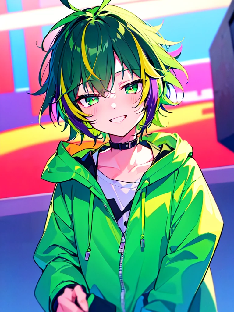 [(CITY POP BACKGROUND:1.5),::5], ((((masterpiece)))), high quality, ultra very high resolution, full color, (((solo))), ((little boy)), Purple hair, ((Green streaked hair)), (Green eyes), anime, ((upper body)), neon light, black parka, light smile