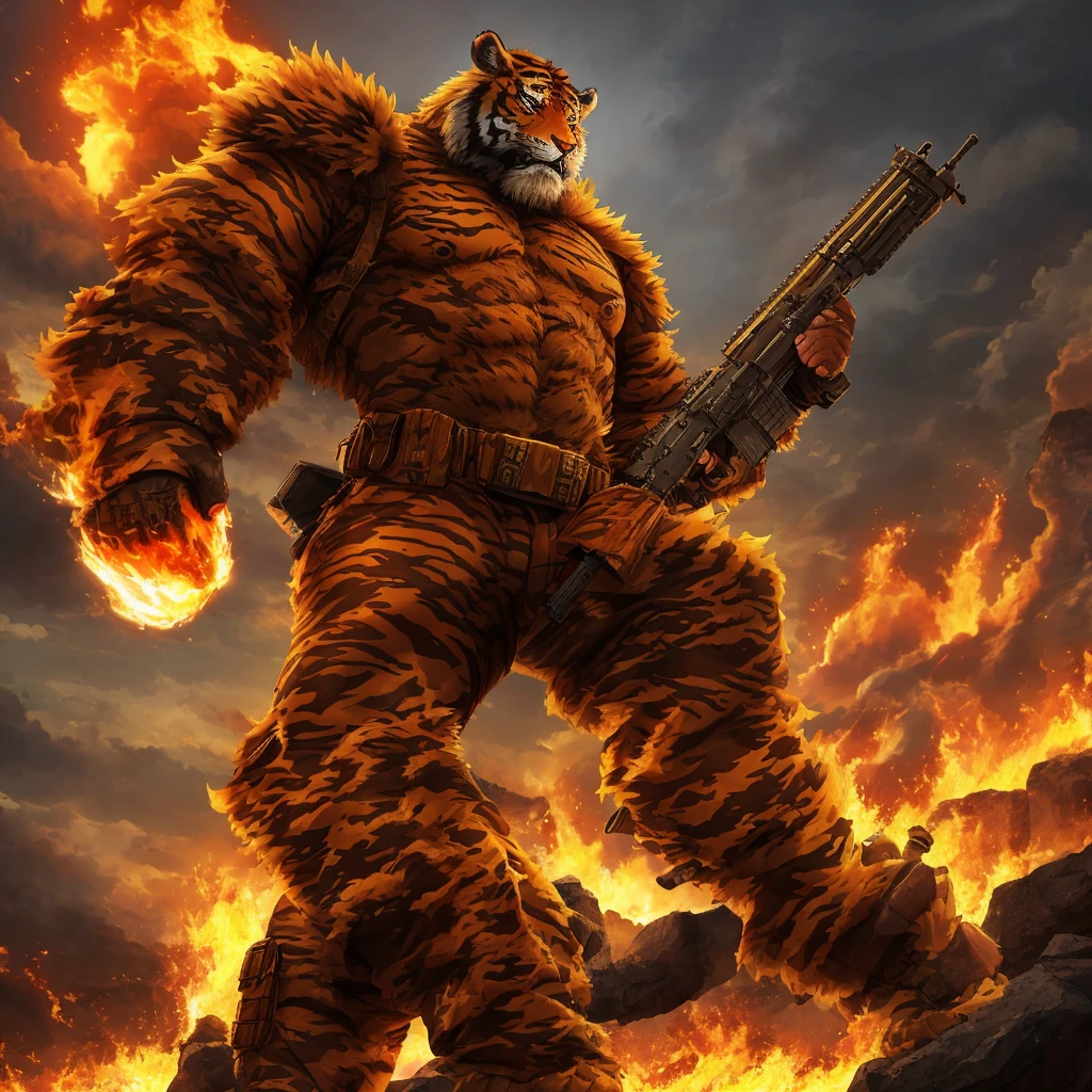 A giant beastman character in the form of a tiger，Wearing a camouflage military uniform，Wearing a pair of military boots。The background is dark clouds filled with firelight，Viewed from the ground upwards，Highlights his massive size。Beast Man holds a toy rifle in his left hand，Serious and focused expression