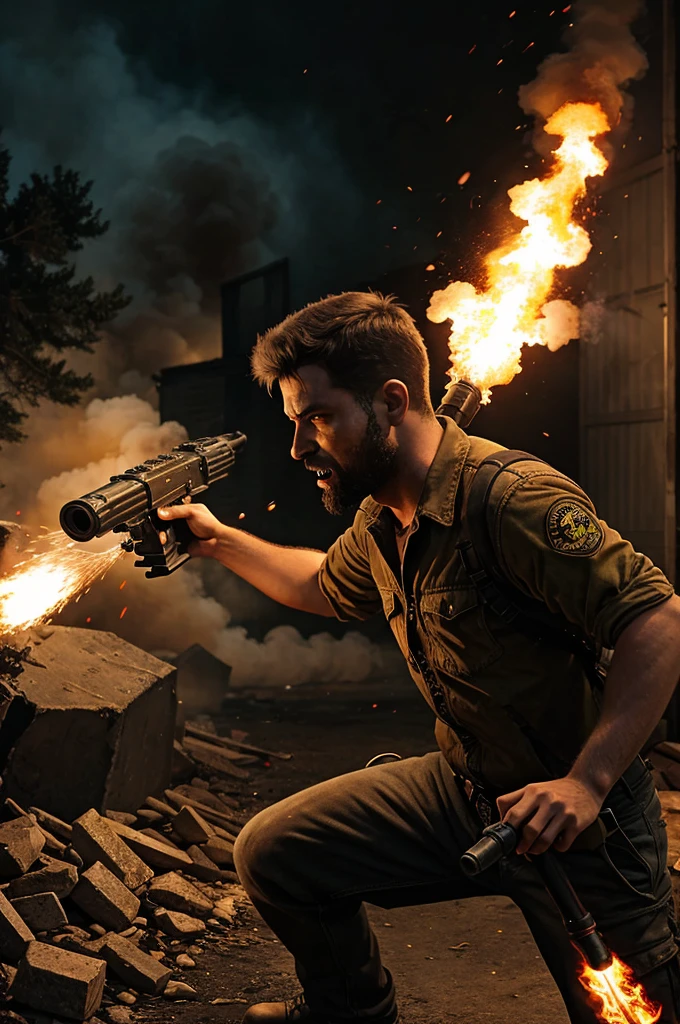 A man with a flamethrower destroying zombies(cartoonic)