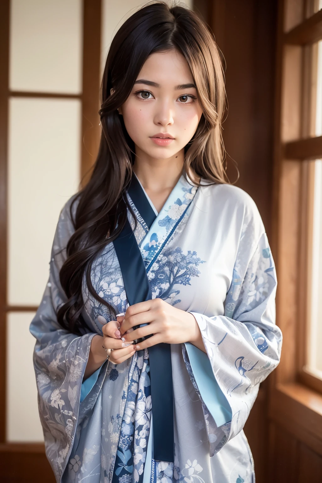 A young woman with long, flowing silver hair stands by a large window, gazing outside into a snowy landscape. She is wearing an elegant, traditional Japanese kimono in shades of blue and white, adorned with intricate floral patterns and motifs. The kimono has detailed embroidery with red and white flowers, and the fabric appears silky with a gentle sheen. Her hair is styled with delicate, ornate hairpins and accessories that sparkle in the light. Snowflakes gently fall around her, both outside the window and inside the room, adding a magical atmosphere. The lighting is soft, creating a serene and contemplative mood, mysterious, with light streaming through the window, casting subtle shadows and highlighting the textures of her kimono and hair. The background outside the window shows snow-covered trees, enhancing the wintery ambiance. The overall scene evokes a sense of tranquility and elegance, with a touch of melancholy as she gazes thoughtfully into the distance.