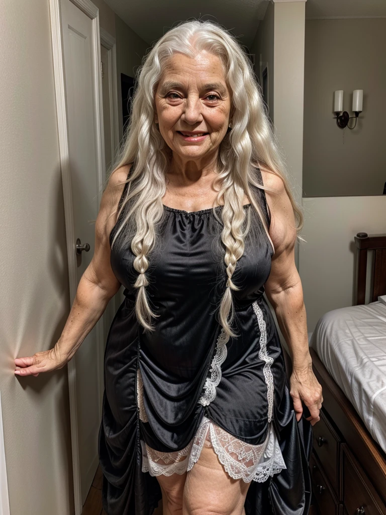 Mature old woman 80 years with long curly white hair, plus size, old face and body with many wrinkles, loose skin, smiling standing at bedroom posing for photo, She wearing satin black dress with white pattern and white lace stockings side view. jaw dropping mature older beauty, old face and body with wrinkles, old face, attractive grandma, a gorgeous old hair, beautiful old grandma, lovely older mature grandma, gorgeous beautiful grandma over 80 years old, beautiful long curly white hair grandma, beautiful detailed body and face, a beautiful old granny