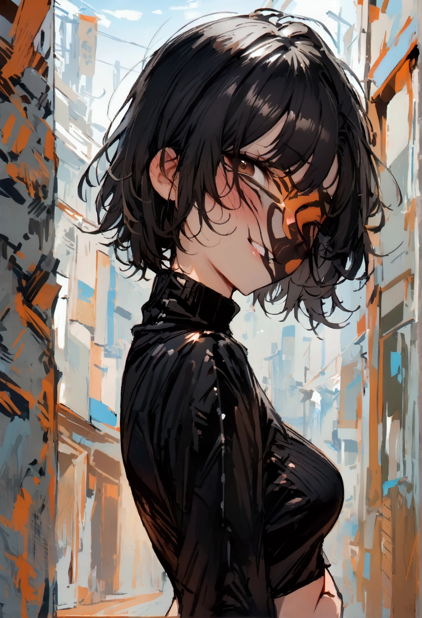 masterpiece, best quality 1girl, solo, beautiful woman, bangs, black hair, short hair, bob cut, dark brown eyes, deep blush, grin, medium breasts, black turtle neck sweeter, short black skirt, plated skirt, arms crossed under her breasts, looking at viewer