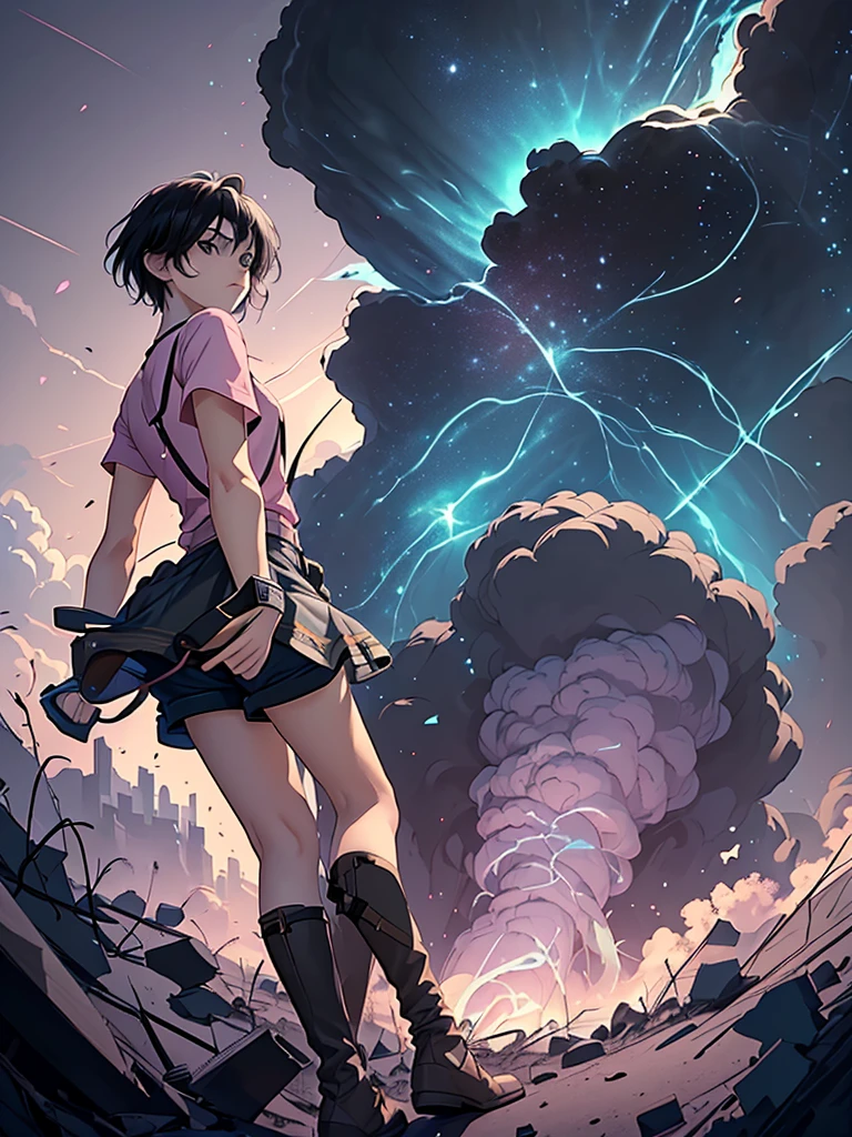 best image], [4k, HD] Boy, short black hair, 11-, short, light skin, wearing pastel pink shirt, black shorts, back to the Looking at destroyed city on fire, blue fire in the background