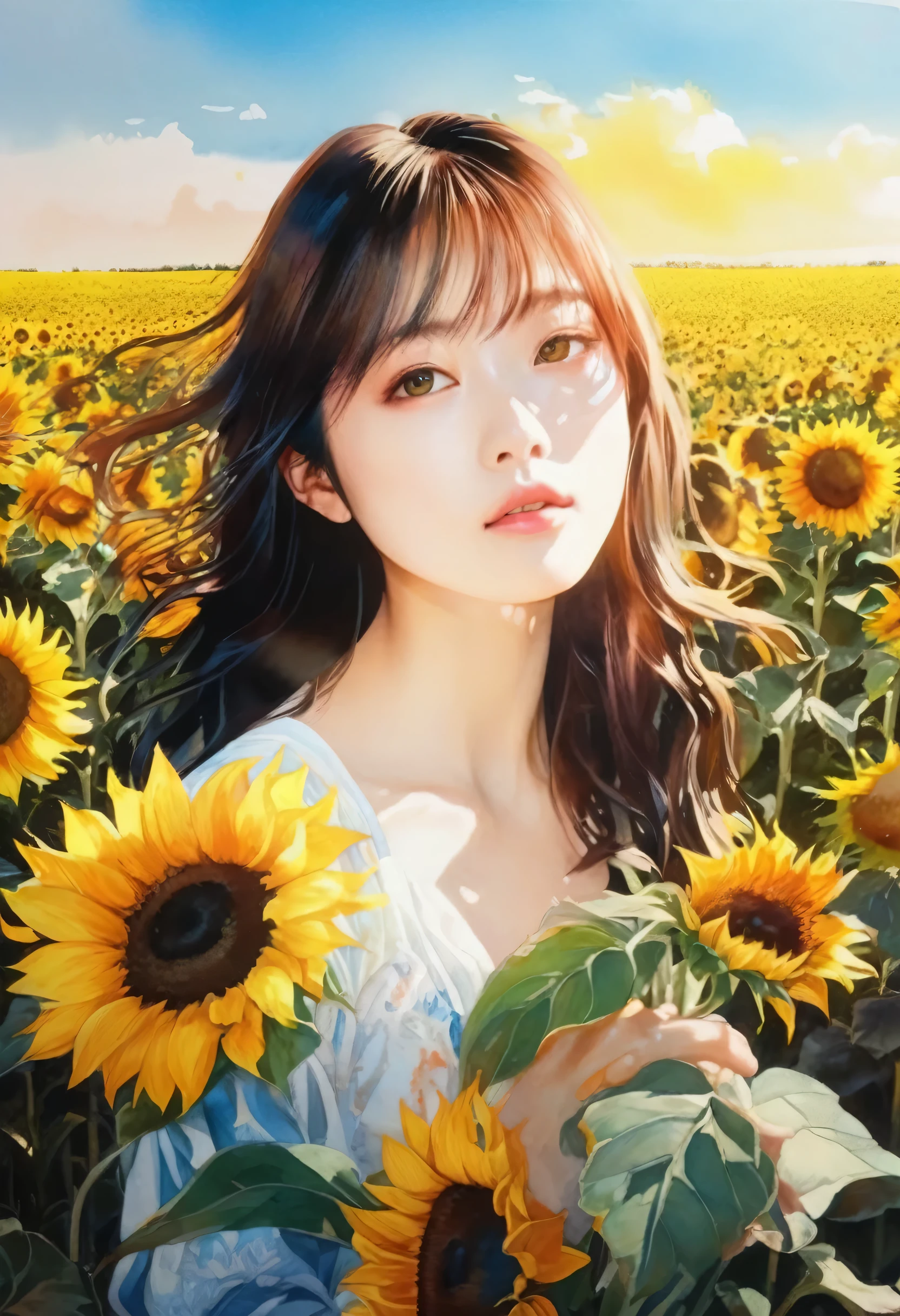 (artwork:Otomo Katsuhiro)
8K, High resolution, A complex and intricate masterpiece, (Summer vacation:1.2), (Girl holding a bouquet of sunflowers:1.1)、Sunflower field、Beautiful Face、transparent, Glowing black eyes, Blue sky and brown eyes, Medium Shot, Blue Hair, Organic Shapes, Hard Edge, Anatomically correct body, Ultra-realistic, elegant,Cinema Lighting, Very detailed, Vibrant colors, Octane Rendered Sunflower Bouquet、 Unreal atmosphere, Award-winning works, Bright and rich colors, iridescent accents, Dramatic Shadows,Dynamic and atmospheric lighting, Anamorphic Lens, Sharp focus,
An intricate and detailed masterpiece by Otomo Katsuhiro, Katsuhiro Otomo STYLE, Pop surrealism, watercolor , Kanna Hashimoto