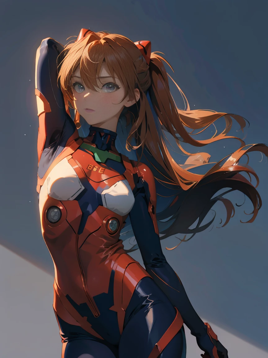 Soryu Asuka Langley, (Tabletop, Highest quality, detailed), One Girl, alone, Put your arms behind your head, Cowboy Shot, Interface Headset, Red bodysuit, Simple Background.