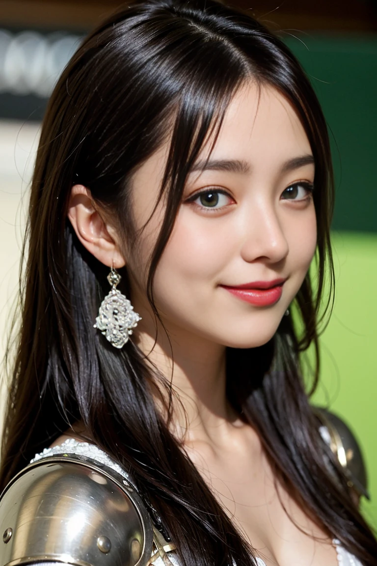 1人of女of子, armor, black_hair, Blurred, Blurred_background, Blurred_prospect, chest, green_eye, Closed_mouth, depth_of_Field, Earrings, jewelry, length_hair, Looking_in_Audience, smile, 一人in, upper_body