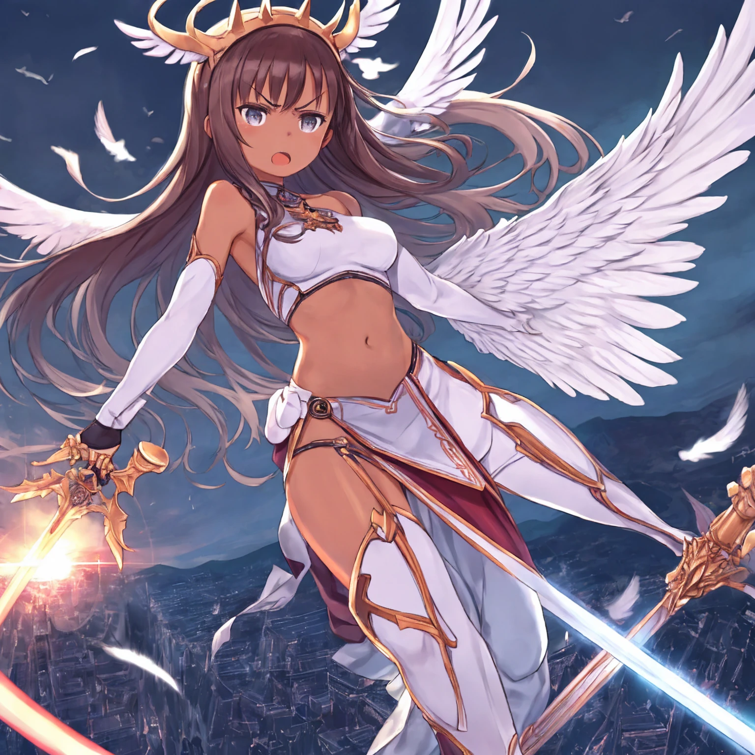 fantasy, 1angel_girl, low_teen, dark_brown_hair,long_bangs, (dark_skin)+, bare_shoulder, navel out, thighhighs,silver_shiny_armor, white_clothes,waist_armor, Glebe, hold_swords_emits_light, medium_breasts, dynamic_flying_pose,Floating, (1pair_white_wings:1.2),(pelvic_curtain:1.3), silver_Headgear ,looking_down_at_sunset_city_sky_background,,slightly_spread_legs, some_swords_emits_light,some_swords_emits_light_floating_around_the_girl,solo,glare_halo,angry,shout,open_mouth,open_legs,open_arms,rise_knee,rise_leg,rise_thigh,rise_leg,forward_leaning_posture,apart_legs,