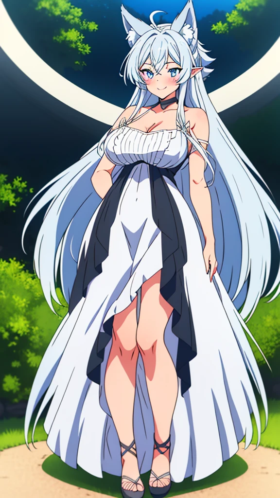 lvl2kara, Fenrys, Fenrisu, long hair, silver hair, light blush, smile, wolf girl, starrystarscloudcolorful, full body, adult, FenrysLv2, grey hair, very long hair, blue eyes, wolf ears, pointy ears, choker, white dress, bare shoulders, black ribbon, cleavage, strap slip