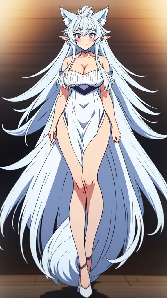 lvl2kara, Fenrys, Fenrisu, long hair, silver hair, light blush, smile, wolf girl, starrystarscloudcolorful, full body, adult, FenrysLv2, grey hair, very long hair, blue eyes, wolf ears, pointy ears, choker, white dress,  shoulders, black ribbon, cleavage, strap slip