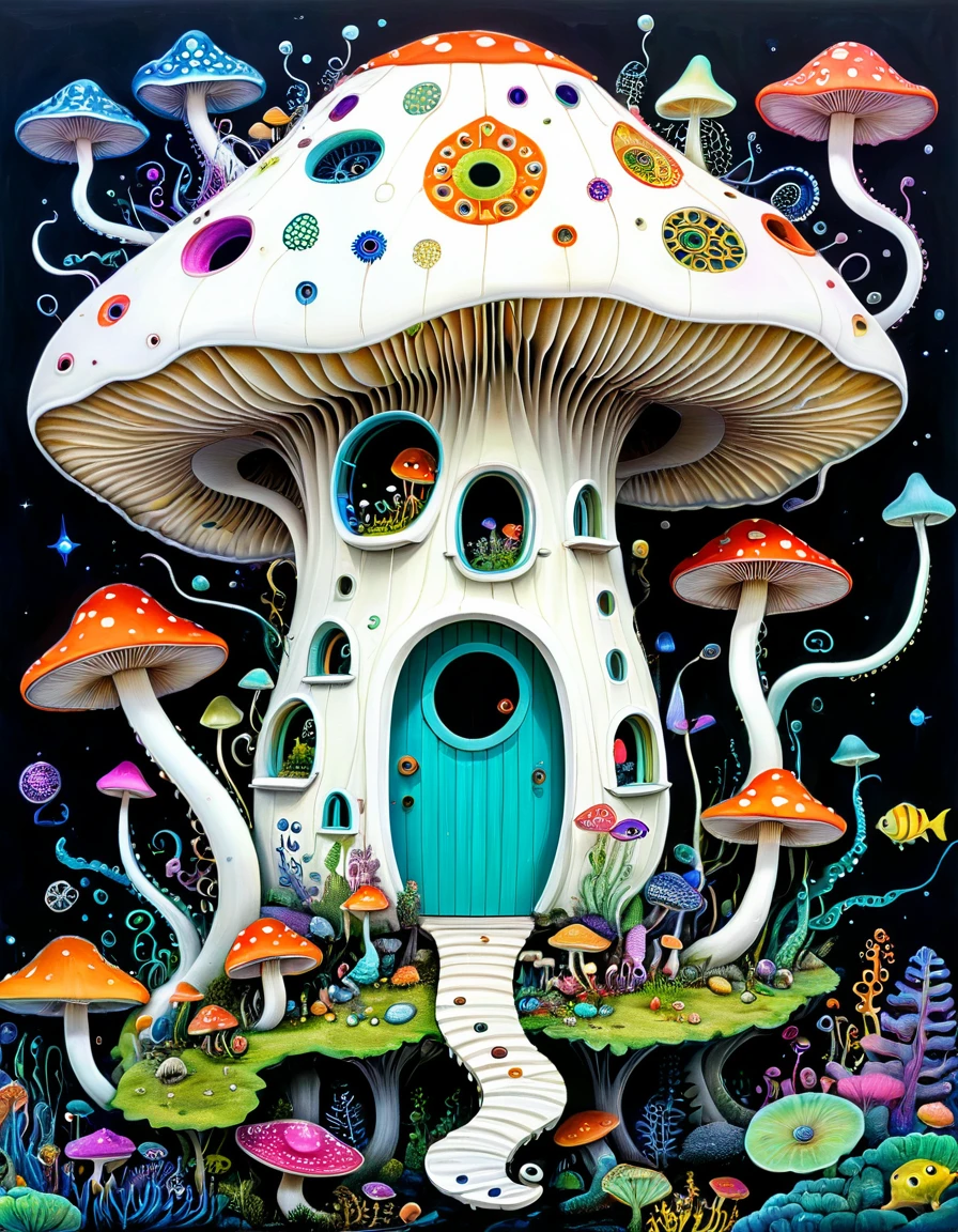 &quot;Dick Ellescas Artist Style&quot;,A movable mushroom house with tentacles，fish，Tentacles，Eye、diatom，Stitching together an abstract painting，Describing the inner world of autistic people，Sense of space，White Space，interesting，Innocence，Psychedelic Art，Fluorescent theme