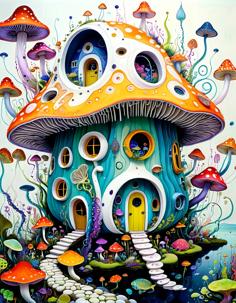 "Dick Ellescas Artist Style",A movable mushroom house with tentacles,fish,Tentacles,Eye、diatom,Stitching together an abstract painting,Describing the inner world of autistic people,Sense of space,White Space,interesting,Innocence,Psychedelic Art,Fluorescent theme