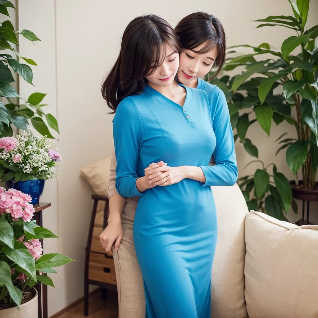 A devoted and nurturing woman, dressed in blue clothing, representing the ISFJ (Defender) MBTI personality type. She is depicted with a gentle and loving expression, holding her boyfriend's hand tenderly. They are in a warm and inviting environment, such as a cozy living room or a beautiful garden, highlighting her caring nature and unwavering loyalty. The colors should be soft and inviting, with the blue of her attire standing out to emphasize her personality type.