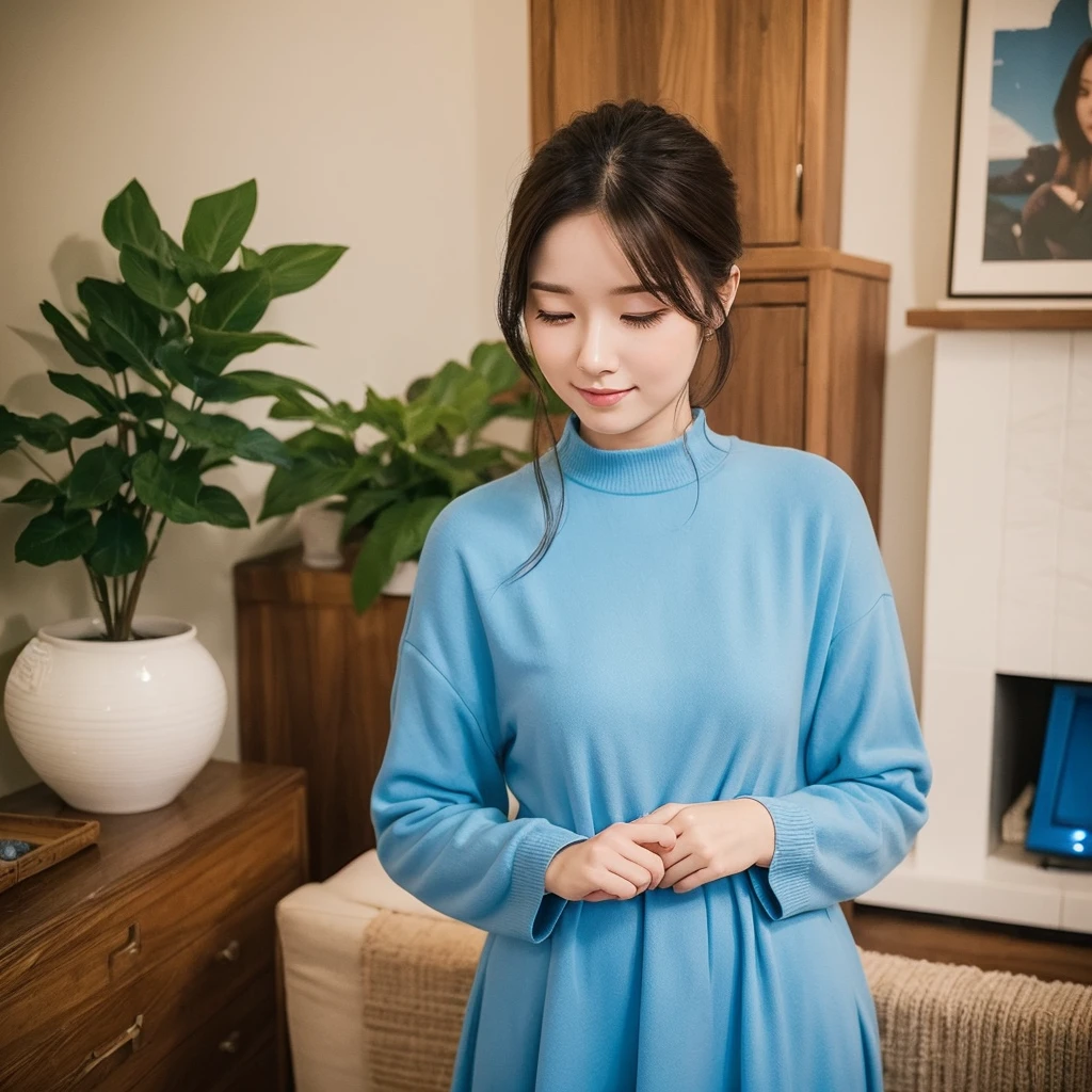 A devoted and nurturing woman, dressed in blue clothing, representing the ISFJ (Defender) MBTI personality type. She is depicted with a gentle and loving expression, holding her boyfriend's hand tenderly. They are in a warm and inviting environment, such as a cozy living room or a beautiful garden, highlighting her caring nature and unwavering loyalty. The colors should be soft and inviting, with the blue of her attire standing out to emphasize her personality type.