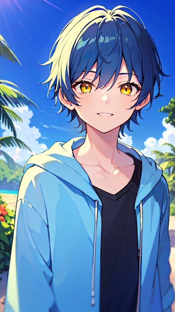 [(CITY POP BACKGROUND:1.5),::5], ((((masterpiece)))), high quality, very_high_resolution, large_filesize, upper body, full color, ((Solo)), (( boy)), 13 olds short deepblue hair, vivid color, ((yellow eye)), Summer clothes white, animestyle, light smile