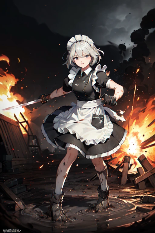 ((Highest quality:1.6)), ((Ultra-high resolution:1.6)), ((masterpiece)), (detailed:1.4), (detailedな顔), girl, cute, strong, Serious, Small breasts, Silver Hair, Fighting with a large sword, (black and white maid outfit, Black Dress, Headband, Long, Classic, Short sleeve), scratch, Blood, ((Apron is torn:1.4)), ((衣服に剣で斬れたscratch:1.6)), Fighting with a giant sword, (剣の斬撃によるscratch:1.6, Hit:1.6), Combat Ready, (Damage to waist apron:1.6), Big crisis, being cornered, 燃えているbattlefield, battlefield, explosion, Flaming, war, (Severe dirt all over the body, Covered in mud, Covered in charcoal:1.6), (Shabby maid:1.6), Holding a two-handed sword, Pointing the blade at the enemy, Tsuba competition, Suppress the enemy, Swinging a sword with both hands,