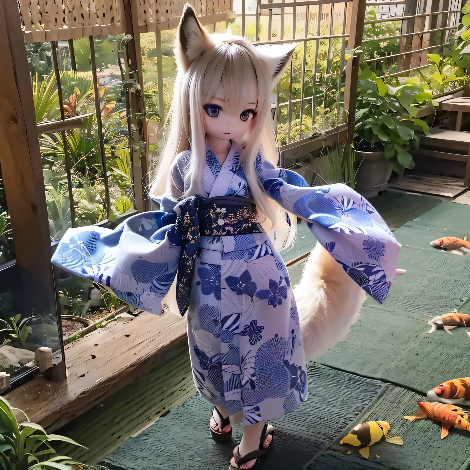 a cute chibi fox girl in a traditional japanese inn, wearing a beautiful floral yukata, running through a peaceful garden with lush foliage, colorful flowers, and a small pond with koi fish, detailed facial features, intricate yukata pattern, soft lighting, pastel colors, vibrant, photorealistic, 8k, highly detailed, masterpiece, studio lighting, cinematic composition