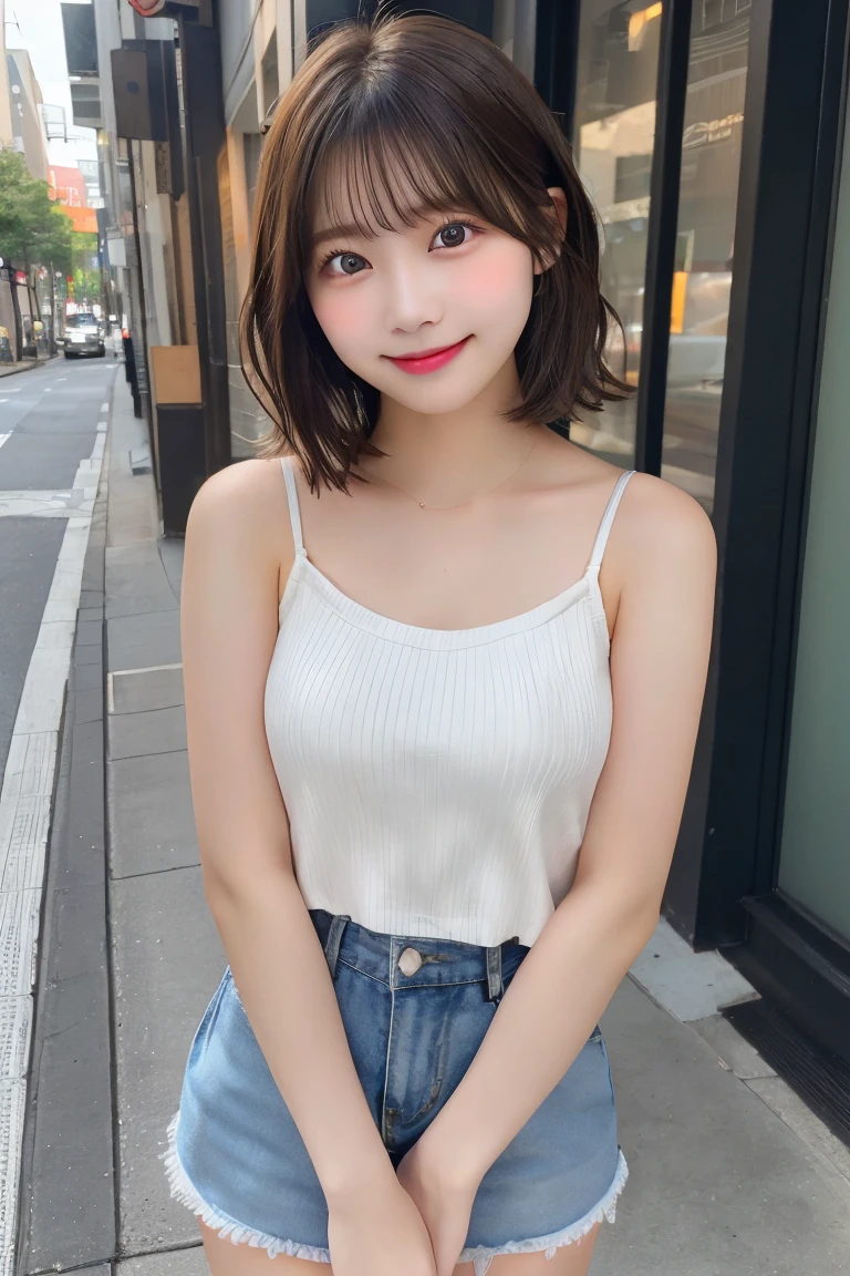 Highest quality, (beautiful)、Super delicate eyes、Brown eyes、22-year-old female、Brown Hair、looking at the camera、Semi-short hair、camisole、Soft Breasts、smile、Shorts、Street Corner、Natural Lip