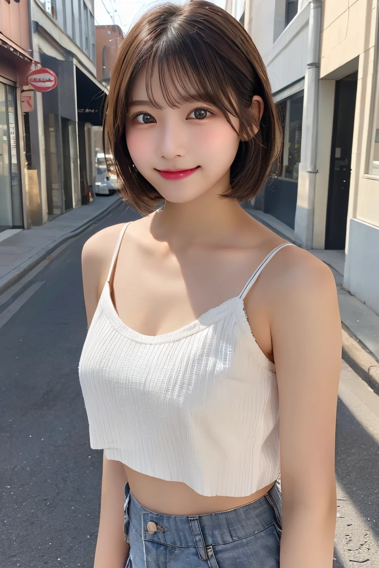 Highest quality, (beautiful)、Super delicate eyes、Brown eyes、22-year-old female、Brown Hair、looking at the camera、Semi-short hair、camisole、Soft Breasts、smile、Shorts、Gal、Street Corner、Natural Lip