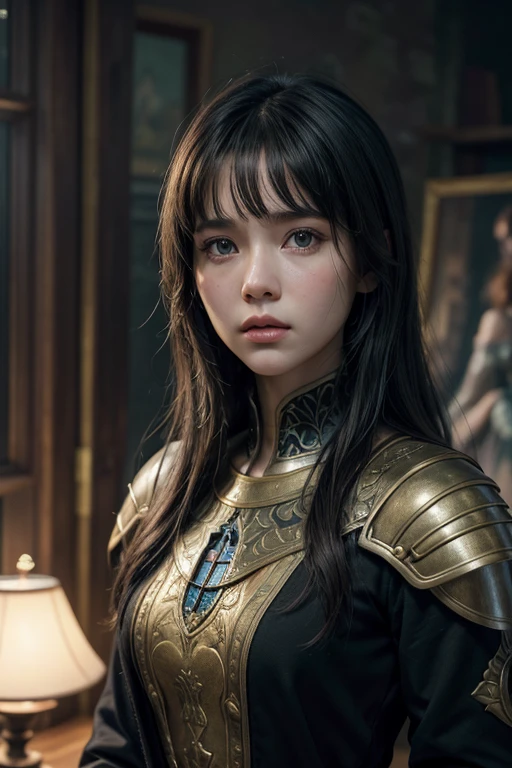 IU1, serious look, model shoot style, (Extremely detailed CG 8k unity wallpaper), full body photo of the most beautiful work of art in the world, medieval armor, professional majestic oil painting by Ed Blinkey, Atey Ghailan, Studio Ghibli, por Jeremy Mann, Greg Manchess, Antonio Moro, trends on artstation, trends at CGsociety, intricate, high détail, sharp focus, dramatic, photorealistic painting art by midjourney and greg rutkowski, beautify the face,