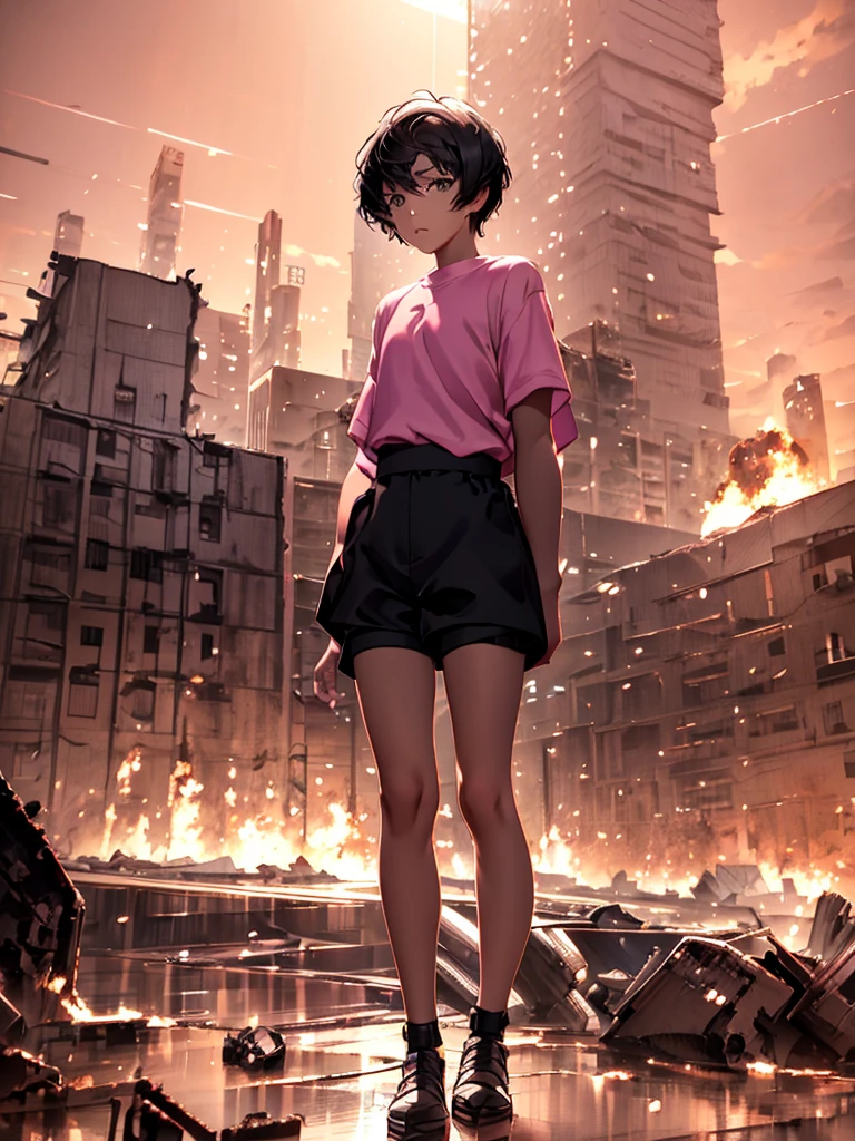 best image], [4k, HD] Boy, short black hair, 11-13 years old, short, light skin, wearing pastel pink shirt, black shorts, back to the Looking at destroyed city on fire, blue fire in the background