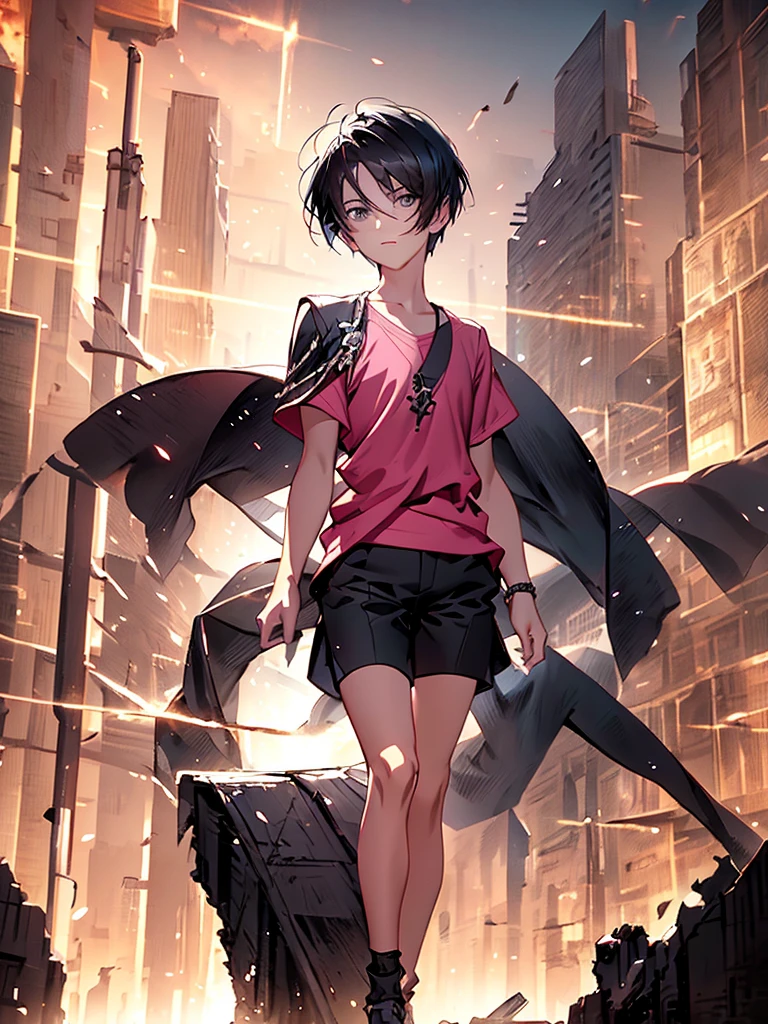 best image], [4k, HD] Boy, short black hair, 11-13 years old, short, light skin, wearing pastel pink shirt, black shorts, back to the Looking at destroyed city on fire, blue fire in the background