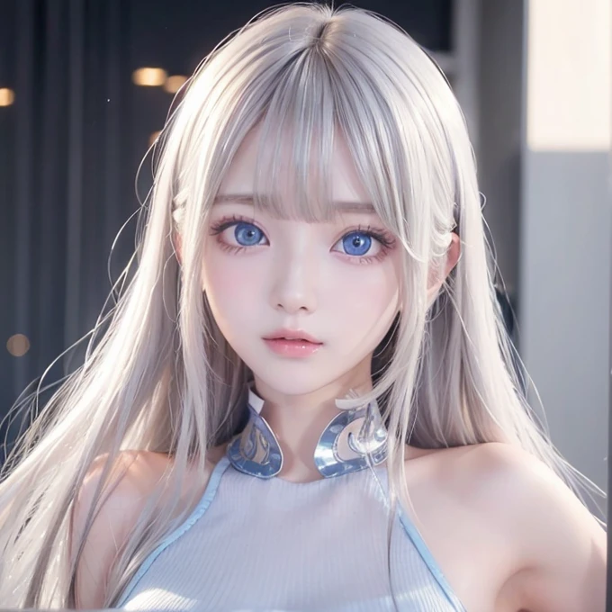 silver shiny hair、Super long straight silky hair、Dazzling blonde super long silky hair、16 years old cute little beautiful face、A beautiful girl、Sparkling blonde dancing in front of a pretty face、Long, silky bangs that cover the space between the eyes、Very beautiful, bright, large, light blue eyes、Very big eyes、Hair that hides the face、Sexy pretty young woman with super long bangs、Very white skin、Cheek gloss highlighter、Small Face Beauty、Round face、Cute Shirts、Ample Bust、nipple、Erect nipples, embarrassed face