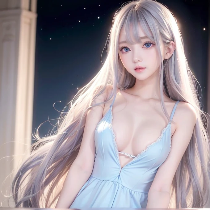 silver shiny hair、Super long straight silky hair、Dazzling blonde super long silky hair、 cute little beautiful face、A beautiful girl、Sparkling blonde dancing in front of a pretty face、Long, silky bangs that cover the space between the eyes、Very beautiful, bright, large, light blue eyes、Very big eyes、Hair that hides the face、Sexy pretty young woman with super long bangs、Very white skin、Cheek gloss highlighter、Small Face Beauty、Round face、Cute Shirts、Ample Bust、nipple、Erect nipples, embarrassed face