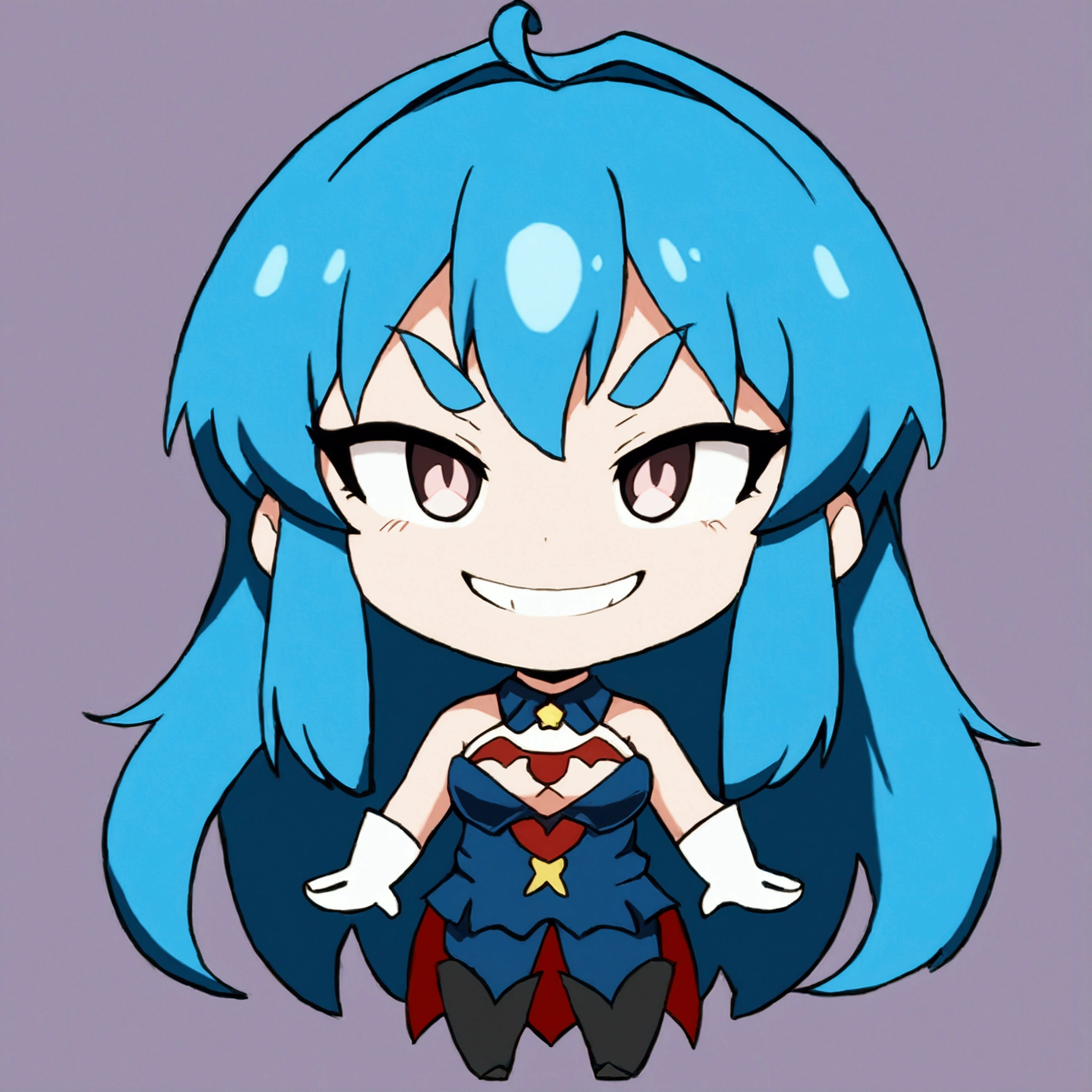 Close-up of a cartoon character with blue hair and blue outfit, anime moe artstyle, 2D anime style, [[[[grinning evilly]]]], , cel - shaded art style, I&#39;ll do fanart too, nasty grin, hero 2d fanart art, chibi, vampire