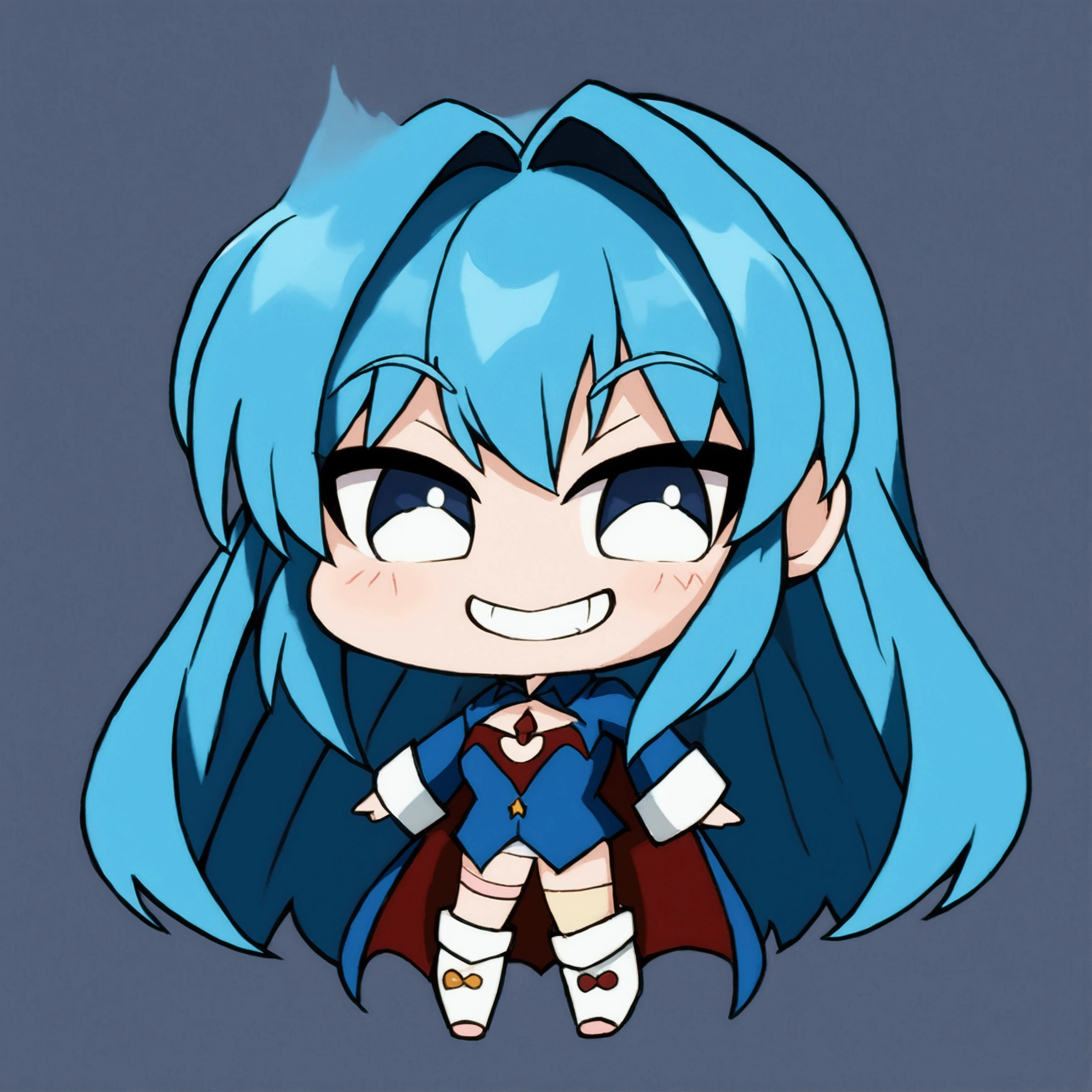 Close-up of a cartoon character with blue hair and blue outfit, anime moe artstyle, 2D anime style, [[[[grinning evilly]]]], , cel - shaded art style, I&#39;ll do fanart too, nasty grin, hero 2d fanart art, chibi, vampire