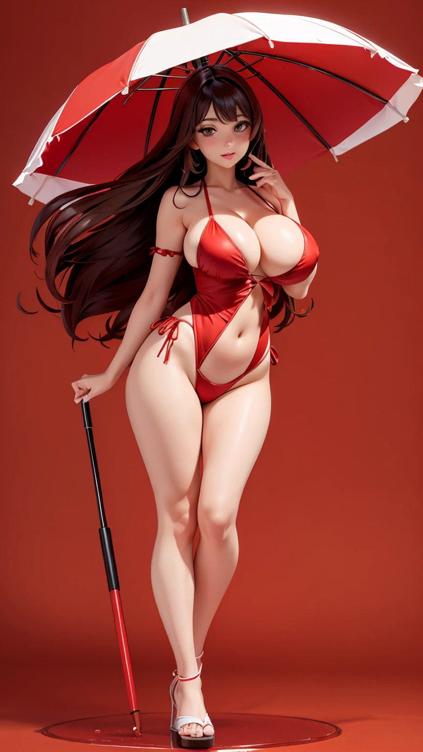 (full_body)、Woman、red_background、(big_breasts:1.5)、parasol、Swimwear、figure