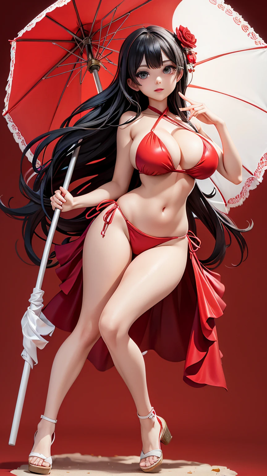 (full_body)、Woman、red_background、(big_breasts:1.5)、parasol、Swimwear、figure