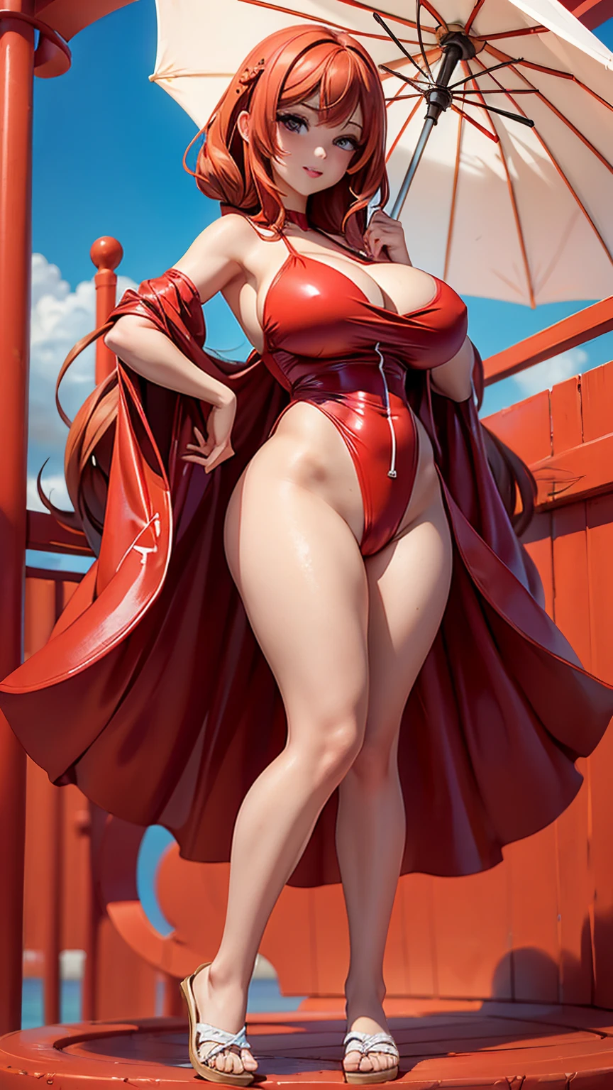 (full_body)、Woman、red_background、(big_breasts:1.5)、parasol、Swimwear、figure